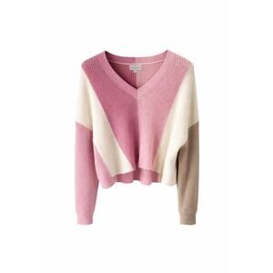 Y2K Pastel Pink Ombré Knit Sweater | Soft Colorblock Ribbed Pullover M